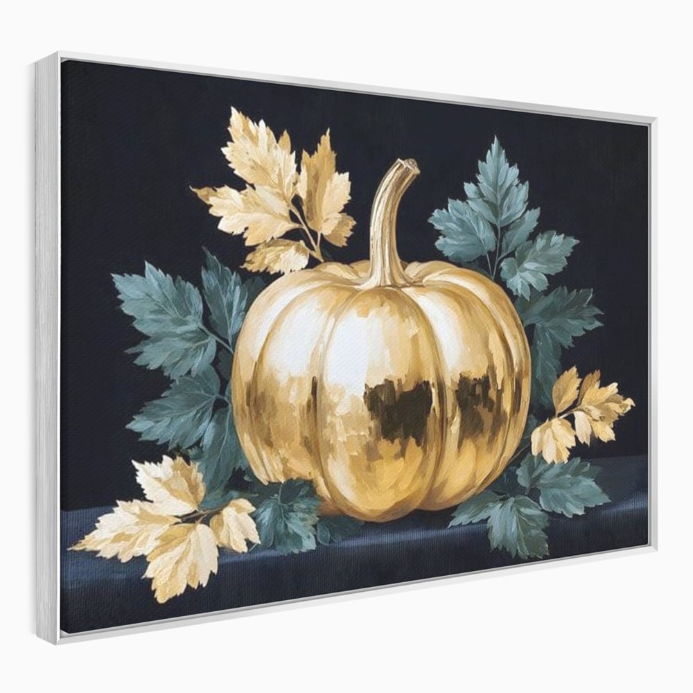 Tablou canvas cu tablou cu dovleac auriu si frunze, in rama de aluminiu argintiu